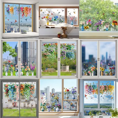Fensteraufkleber Statische Haftung Blumenvase Schmetterling Vogel Glasaufkleber Abnehmbar Wasserdicht Heimdekoration Badezimmer Küche Glassticker