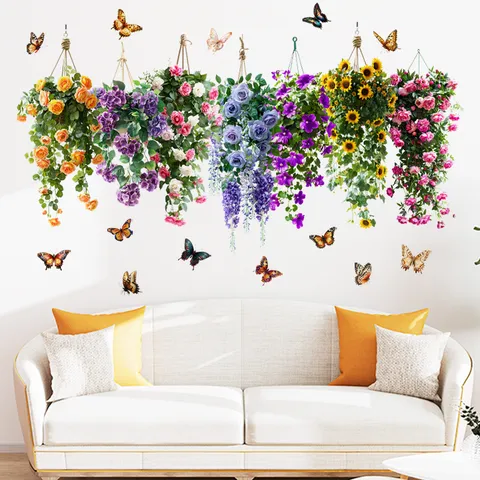 Adesivi Murali Realistici Con Cesto di Fiori Appesi Impermeabile in PVC Decalcomanie Con Colibrì e Farfalle Per Soggiorno Camera Da Letto Decorazioni Casa
