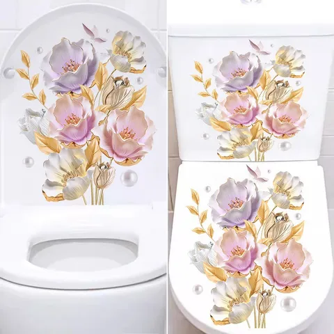 3D Stereoscopic Flower Wall Sticker Removable PVC Floral Toilet Lid Decal Bathroom Decoration For Home Hotel Purple Gold White
