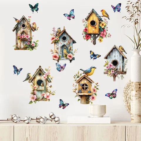Pastoral Magpie Bird Birdhouse Butterfly Wall Stickers Waterproof PVC Self Adhesive Wall Decal For Living Room Bedroom Art Decor
