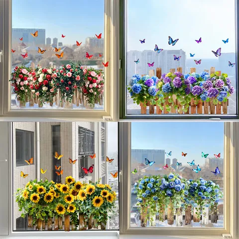 Doppelseitig Statische Fensterfolie Blume Schmetterling Zaun Ohne Kleber PVC Aufkleber Für Geschäft Laden Heim Glas Deko Rose Sonnenblume