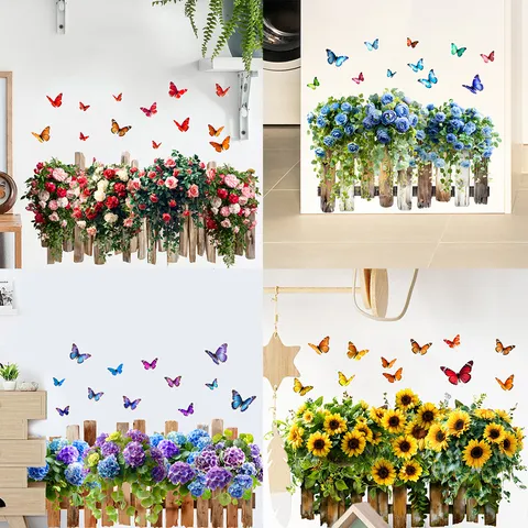 Rose Sunflower Hydrangea Butterfly Fence Wall Sticker Waterproof PVC Self Adhesive Removable Mural For Living Room Decor