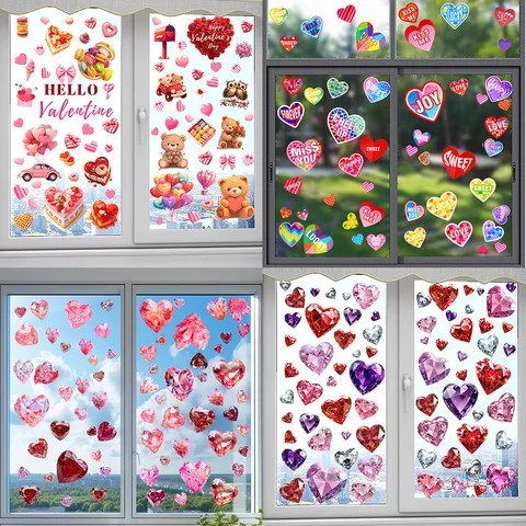 Valentine's Day Heart Glass Static Stickers Double Sided Window Clings Romantic Diamond Texture PVC Window Decor For Shop Home