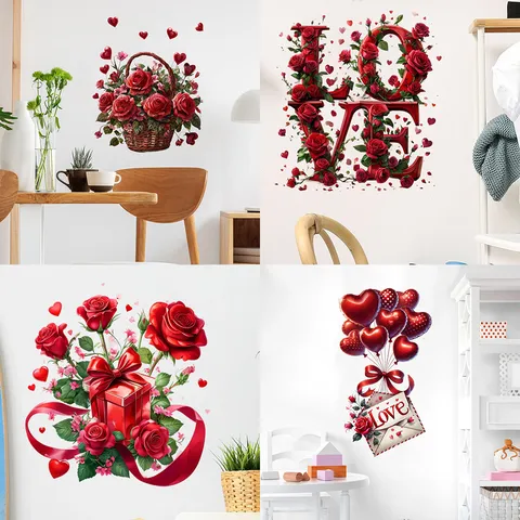 Valentinstag Rote Rose Herz Luftballons LOVE Wasserdicht PVC Wandaufkleber Für Zuhause Wohnzimmer Schlafzimmer Abnehmbar Romantisch DIY Deko
