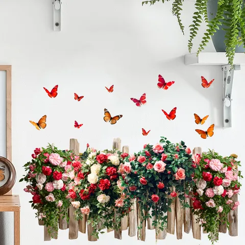 Rose Sunflower Hydrangea Butterfly Fence Wall Sticker Waterproof PVC Self Adhesive Removable Mural For Living Room Decor
