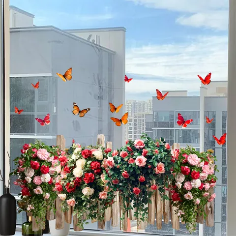 Doppelseitig Statische Fensterfolie Blume Schmetterling Zaun Ohne Kleber PVC Aufkleber Für Geschäft Laden Heim Glas Deko Rose Sonnenblume