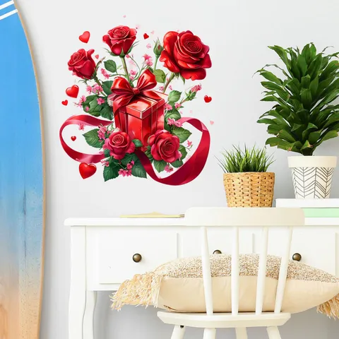 Valentinstag Rote Rose Herz Luftballons LOVE Wasserdicht PVC Wandaufkleber Für Zuhause Wohnzimmer Schlafzimmer Abnehmbar Romantisch DIY Deko