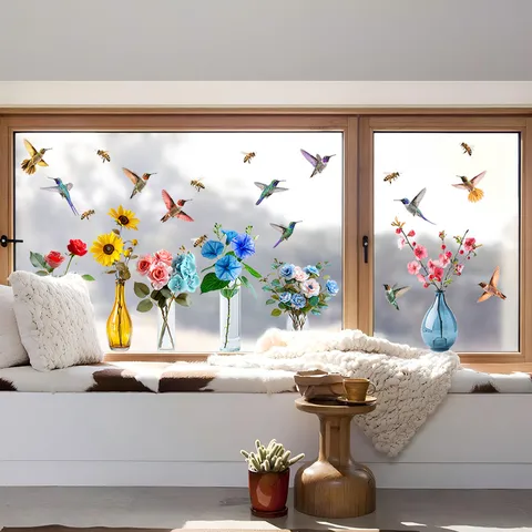 Fensteraufkleber Statische Haftung Blumenvase Schmetterling Vogel Glasaufkleber Abnehmbar Wasserdicht Heimdekoration Badezimmer Küche Glassticker