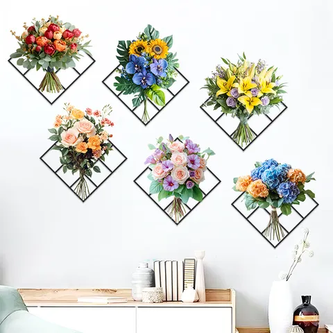 Adhesivo de Pared de PVC Autoadesivo Impermeable Moderno Hojas Verdes Flores Cesta de Frutas Verduras Mural Decorativo para Hogar Cocina Sala