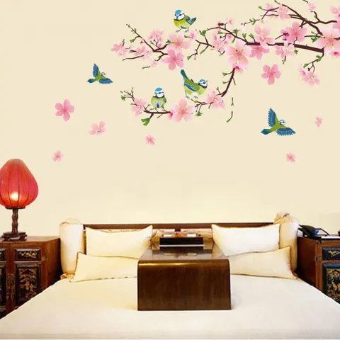Chinese Style Peach Blossom Magpie Wall Sticker Pink Floral Branch Birds Self Adhesive PVC Decal For Living Room Bedroom Home Decor