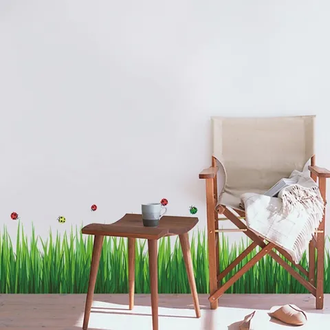Removable Green Grass Fence Ladybug Wall Decal PVC Skirting Line Sticker For Living Room Hallway Bathroom Decor Waterproof