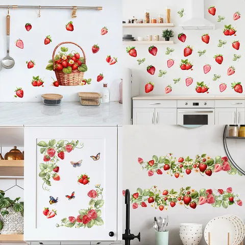 Waterproof PVC Strawberry Butterfly Flower Basket Self Adhesive Wall Sticker Cartoon Fruit Plant Window Glass Bathroom Toilet Creative Background Wall Decal Home Decor
