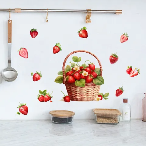 Waterproof PVC Strawberry Butterfly Flower Basket Self Adhesive Wall Sticker Cartoon Fruit Plant Window Glass Bathroom Toilet Creative Background Wall Decal Home Decor
