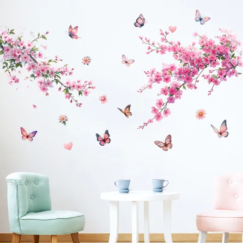 Peach Blossom And Butterfly Self-Adhesive Wall Sticker Pink Floral Vinyl Removable Waterproof Home Decor For Living Room Bedroom