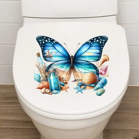 Butterfly Beach Scenery Waterproof Wall Sticker PVC Self Adhesive Toilet Sticker For Bathroom Home Decor
