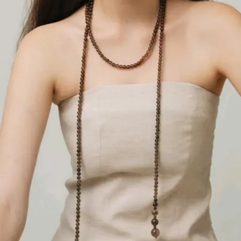 Collar Largo de Abalorios de Cuarzo Ahumado Natural Estilo Francés Cadena de Suéter de Varias Capas Hecho a Mano Cierre de Palanca Joyas para Mujer
