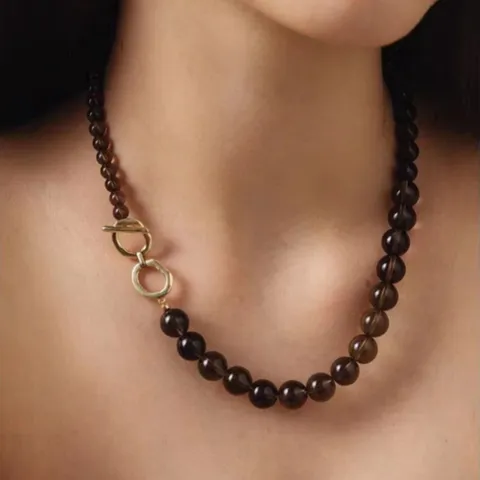Collar Largo de Abalorios de Cuarzo Ahumado Natural Estilo Francés Cadena de Suéter de Varias Capas Hecho a Mano Cierre de Palanca Joyas para Mujer