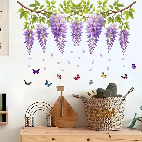 Paarse Blauwe Regen Bloemenrank Vlinder Muursticker Waterdicht PVC Verwijderbare Muurdecoratie Voor Woonkamer Huis Decoratie