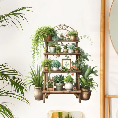 3D Simulatie Groene Potplanten Bloemenrek Muurstickers PVC Waterdicht Zelfklevend Muurtattoos Voor Woonkamer Slaapkamer