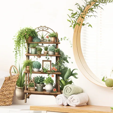 3D Simulatie Groene Potplanten Bloemenrek Muurstickers PVC Waterdicht Zelfklevend Muurtattoos Voor Woonkamer Slaapkamer