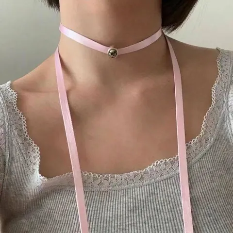 Japanese Style Satin Ribbon Choker Necklace For Women Copper Inlaid Oval Stone Long Wrap Adjustable Clavicle Chain Jewelry Gift