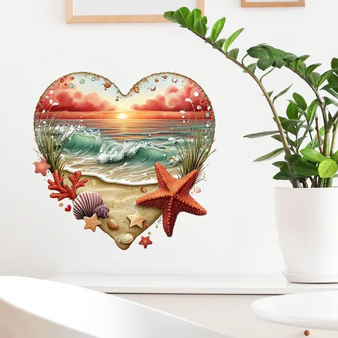 Heart Shaped Beach Sunset Wall Sticker 3D Visual Effect Waterproof PVC Toilet Decal Removable Self Adhesive Home Art Decor