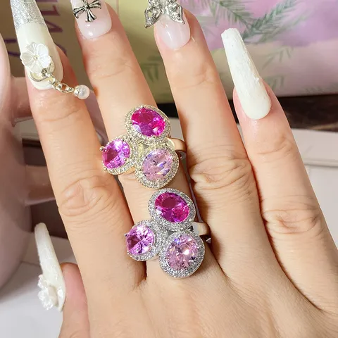 Nischendesign Leichter Luxus Oval Farbverlauf Zirkonia Ring Elegant Drei Steine Fingerring Für Damen Bankett Modeschmuck