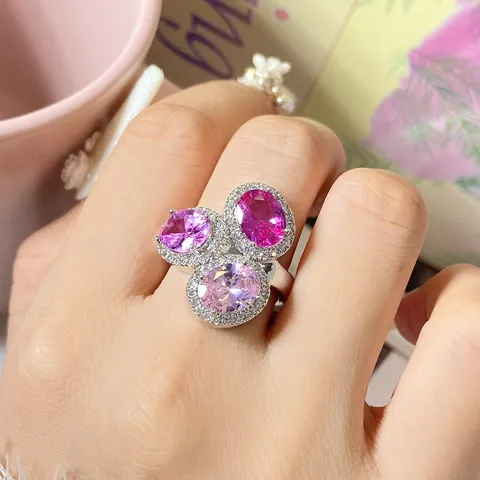 Nischendesign Leichter Luxus Oval Farbverlauf Zirkonia Ring Elegant Drei Steine Fingerring Für Damen Bankett Modeschmuck