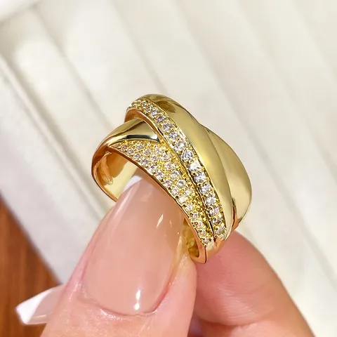 Luxus Hip Hop Kupfer Zirkonia Geometrischer Ring Für Herren Damen Iced Out Bling Breites Band Vergoldeter Zirkonia Fingerring Schmuck