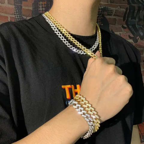 Σετ Αλυσίδας Iced Out Ζιρκόνια Κουβανέζικο Κρίκο για Άνδρες Γυναίκες Hip Hop Κοσμήματα Χρυσό Ασημί Ορείχαλκος Κολιέ Βραχιόλι