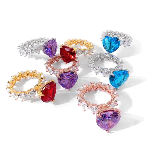 Hip Hop Herz Zirkonia Ring Für Damen 18K Vergoldet Iced Out Großer Bunter Herz Fingerring Mode Schmuck Geschenk