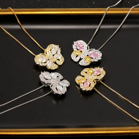 Mode Messing Schmetterling Schmuckset Funkelnde Zirkonia Eingelegt Ohrstecker Und Anhänger Halskette Für Damen Eleganter Ins Stil Hypoallergen Gold Silber Zubehör