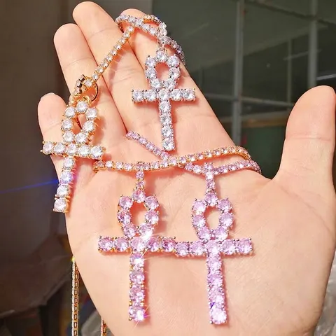 Stile Brasiliano Rame Strass Ankh Croce Ciondolo per Donna Oro Argento Placcato Gioielli Religiosi Senza Catena