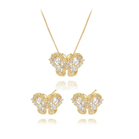 Mode Messing Schmetterling Schmuckset Funkelnde Zirkonia Eingelegt Ohrstecker Und Anhänger Halskette Für Damen Eleganter Ins Stil Hypoallergen Gold Silber Zubehör