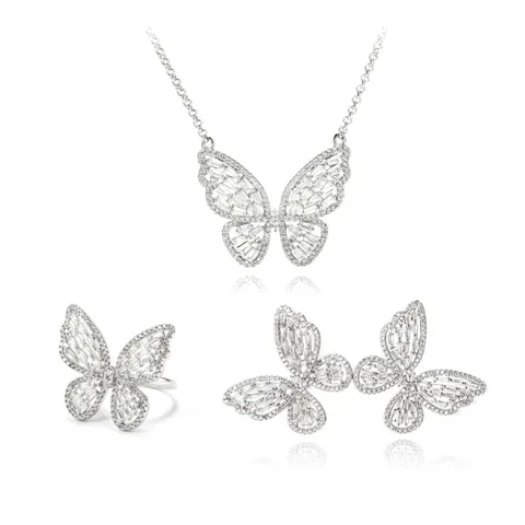 Mode Zirkonia Schmetterlingsflügel Schmuckset Kupfer Galvanisiert Halskette Ohrringe Ring Für Damen Elegantes Accessoire Geschenk