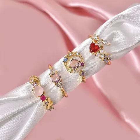 Koreanischer Stil Kupfer Echtgold beschichtet Ring Bunter Zirkonia Offener Verstellbarer Fingerring Minimalistischer Schmuck Geschenk für Damen