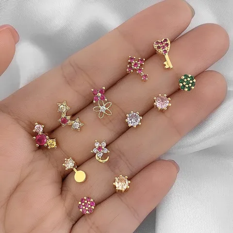 Sweet Hollow Flower Stud Earrings Copper Rhinestone Geometric Petal Four Claw Ear Studs Sparkling Colorful Jewelry For Women Gift