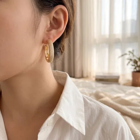 Pendientes de Aro de Elipse Geométrica de Cobre y Circonia para Mujer Microincrustados Coloridos y Brillantes Joyería de Fiesta