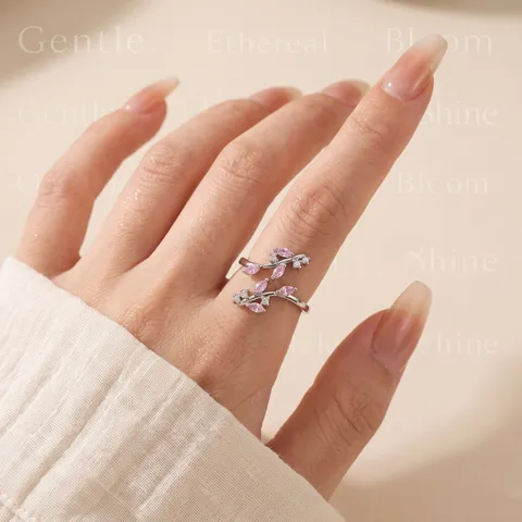 Anello Aperto in Rame e Zirconia con Foglia Vintage per Donna Elegante Anello Regolabile Gioiello di Moda Regalo per Festa
