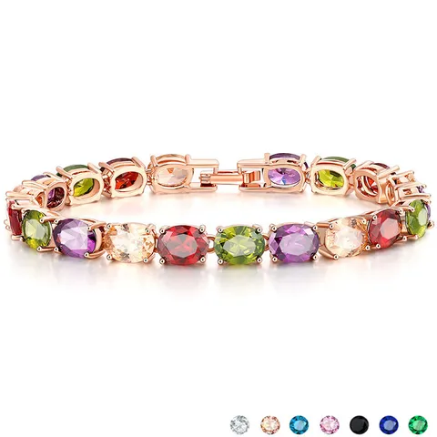 Bracciale in Rame Europeo di Moda per Donna Zirconia Ovale Colorata Intarsiata Bracciale da Tennis Placcato Oro Rosa Argento Regalo Gioielli