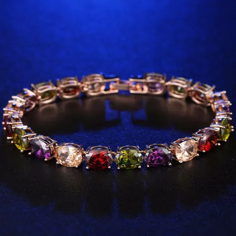 Bracciale in Rame Europeo di Moda per Donna Zirconia Ovale Colorata Intarsiata Bracciale da Tennis Placcato Oro Rosa Argento Regalo Gioielli
