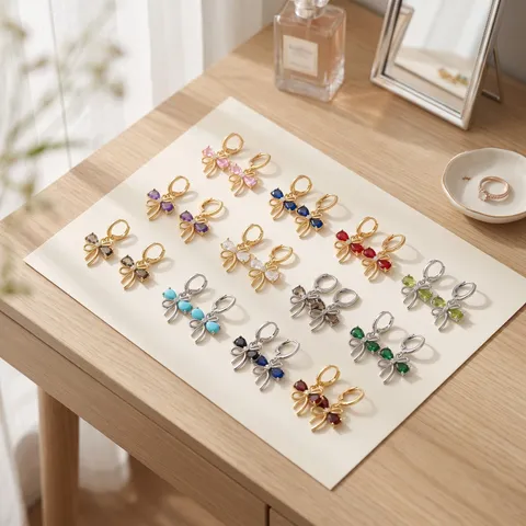 Orecchini a Bottone in Rame con Zirconi e Fiocco alla Moda Chic Minimalista Gioiello Regalo Per Donne