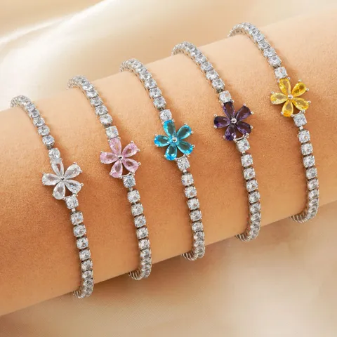 Bracciale Tennis da Donna Stile Coreano in Rame e Zirconia con Fiore Braccialetto a Catena con Stella e Fiori in Zirconia Regalo