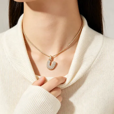 Collana con Ciondolo a Lettera a Bolla in Rame Zirconia Placcato Oro Argento Alfabeto Iniziale Gioiello con Strass