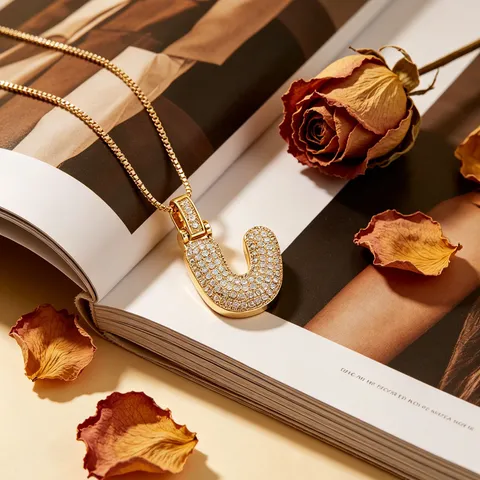Collana con Ciondolo a Lettera a Bolla in Rame Zirconia Placcato Oro Argento Alfabeto Iniziale Gioiello con Strass