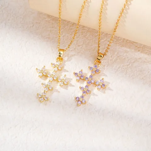 Collar Con Colgante de Cruz de Trébol de la Suerte Para Mujer Circonia Colorida Incrustada Cobre Galvanizado Diseño de Nicho Regalo Joyas