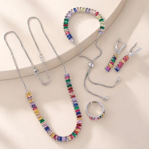 Geometric Baguette Rhinestone Jewelry Set Necklace Adjustable Bracelet Earrings Open Ring Copper Electroplated Jewelry Suit For Women