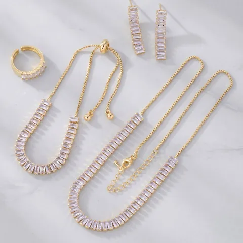 Geometric Baguette Rhinestone Jewelry Set Necklace Adjustable Bracelet Earrings Open Ring Copper Electroplated Jewelry Suit For Women