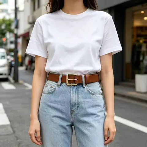 Minimalist Brown PU Belt With Lychee Pattern Gold Square Buckle Business Casual Unisex Waist Belt For Jeans Pants