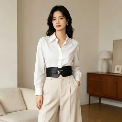 Vintage PU Leather Wide Waist Corset For Women Gold Horseshoe Buckle Cinching Dress Belt Elegant Precision Stitching Decorative Girdle